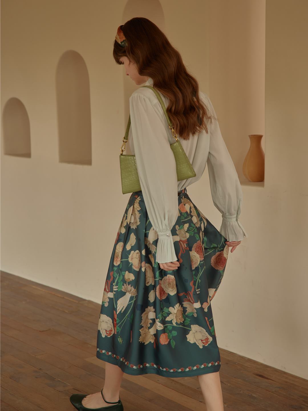 Simple Retro-Amira 森林綠玫瑰花荷葉邊半身裙