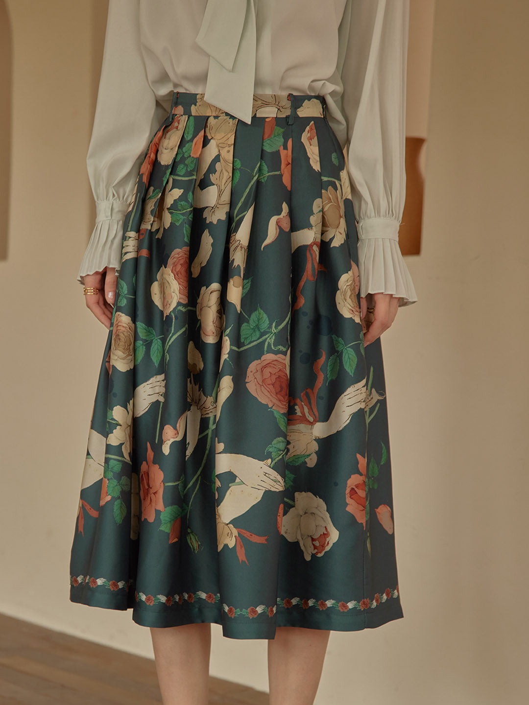 Amira 森林綠玫瑰印花半身裙