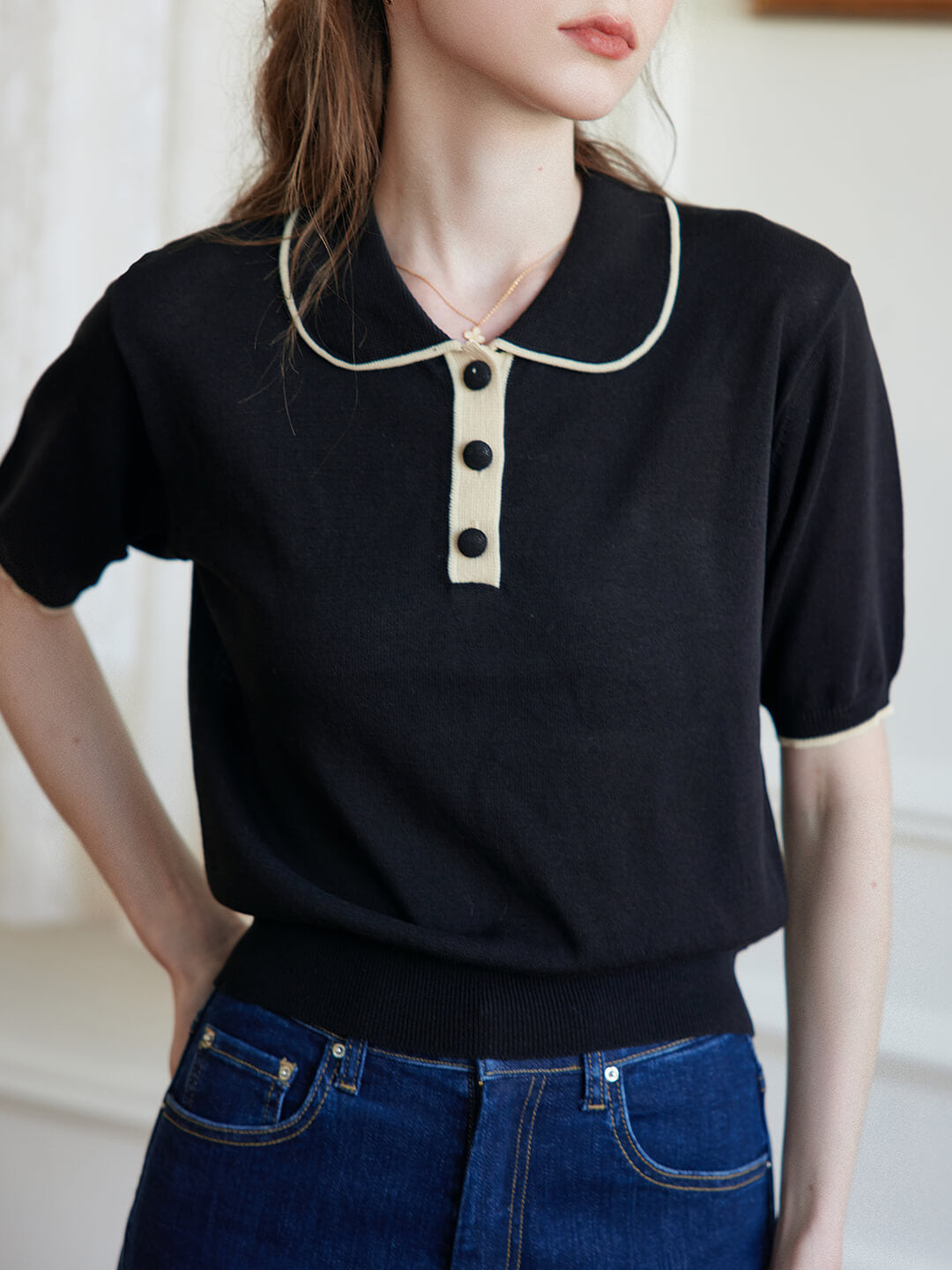 Alyssa 黑色中袖針織Polo衫/Simple Retro