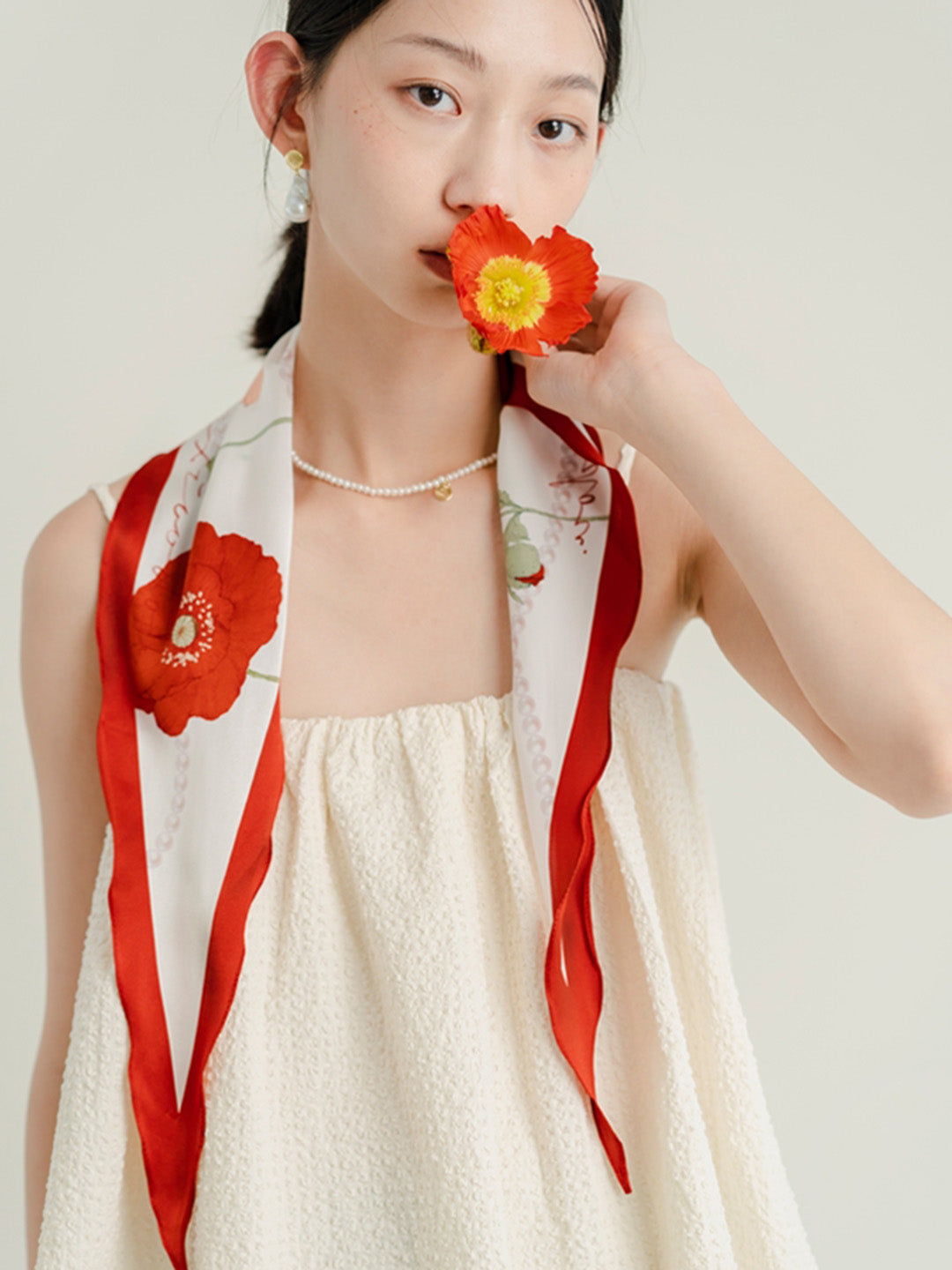 Chowxiaodou 原創紅系列虞美人真絲菱形絲巾