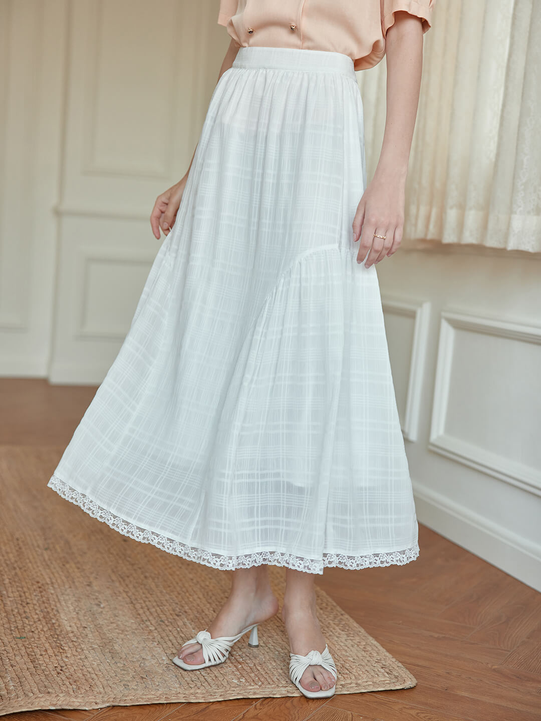 Aimee 白色格紋雪紡半身裙/SIMPLE RETRO