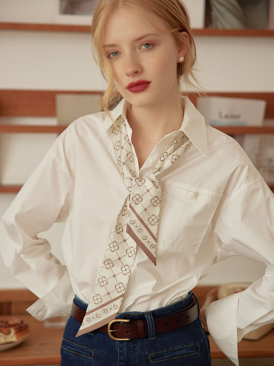 Emily Logo印花長條真絲絲巾
