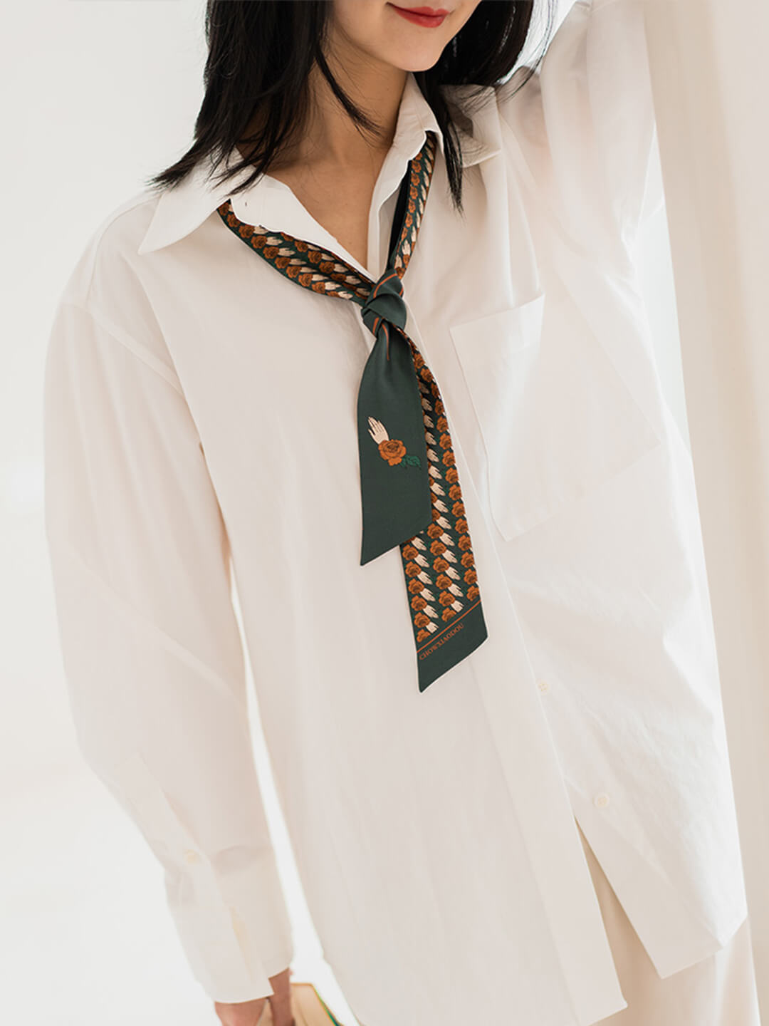 Chowxiaodou 原創4色玫瑰印花真絲迷你長條絲巾