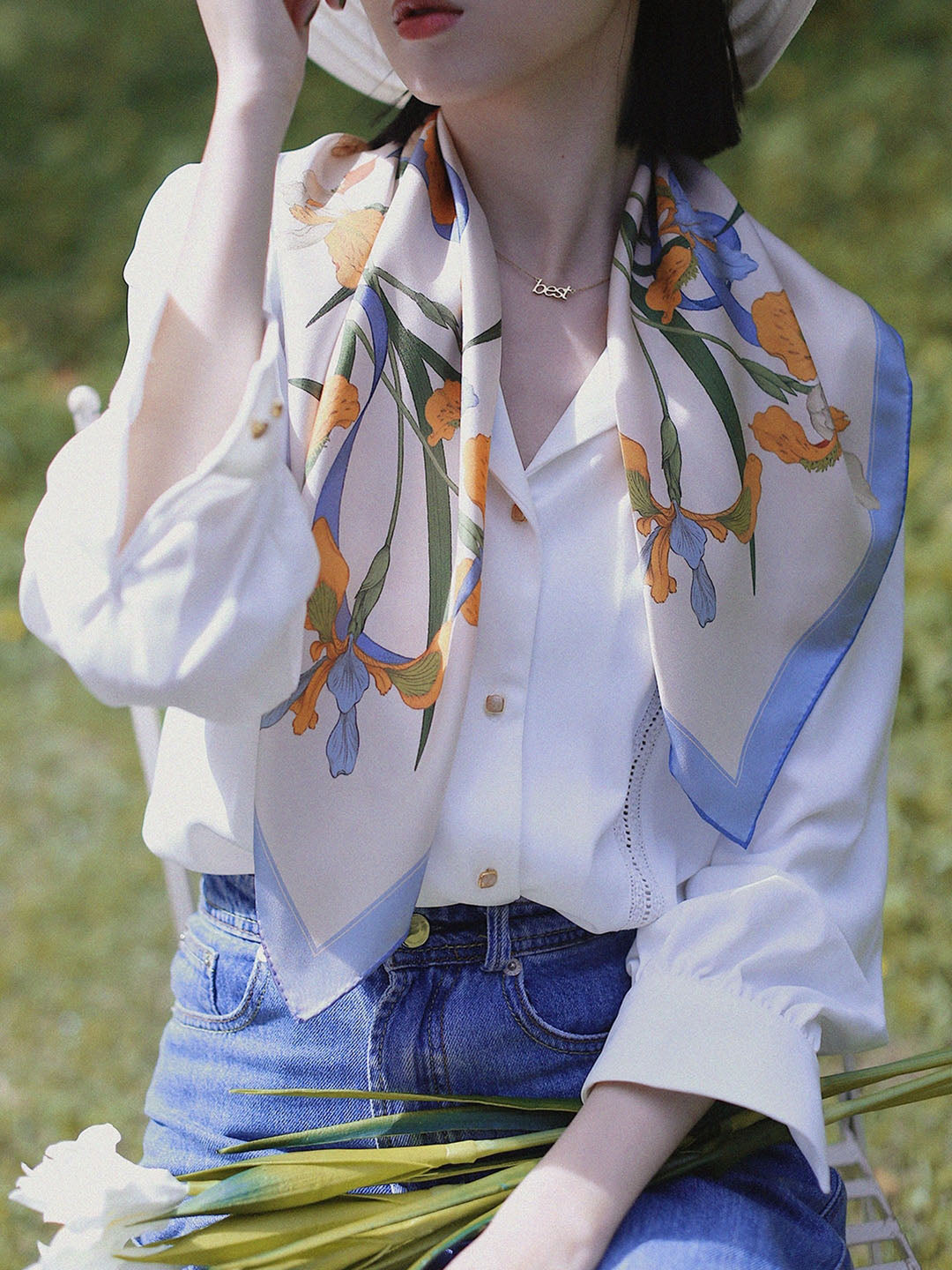 Chowxiaodou 原創彩虹女神4色鳶尾真絲小方巾
