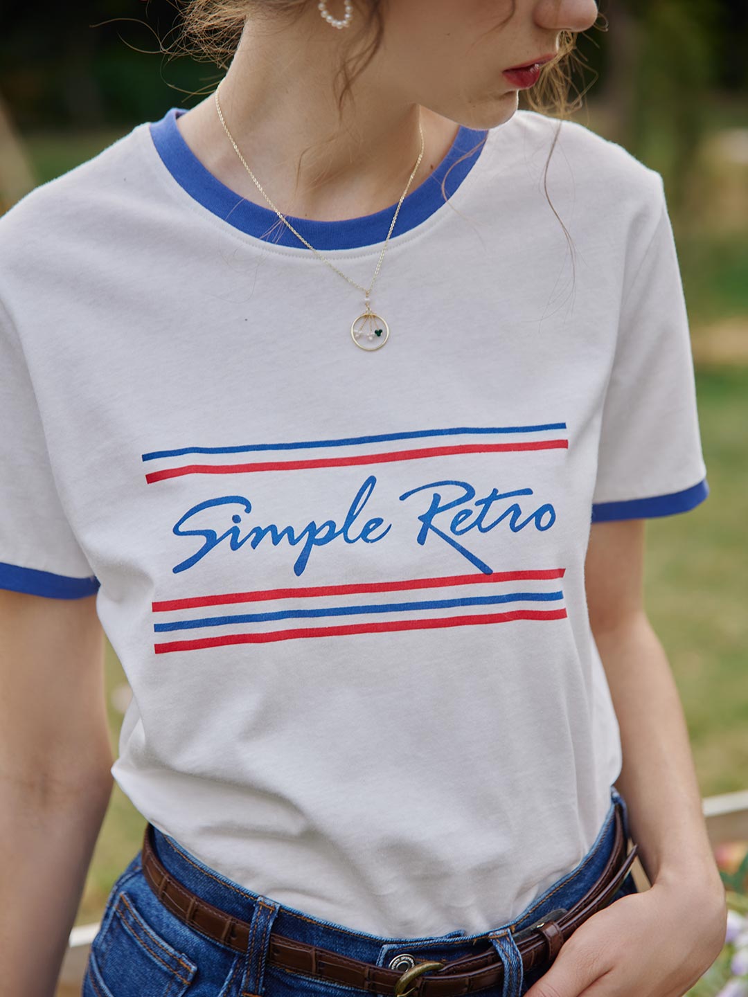 Simple Retro-Maya 藍條logo純棉短袖T恤