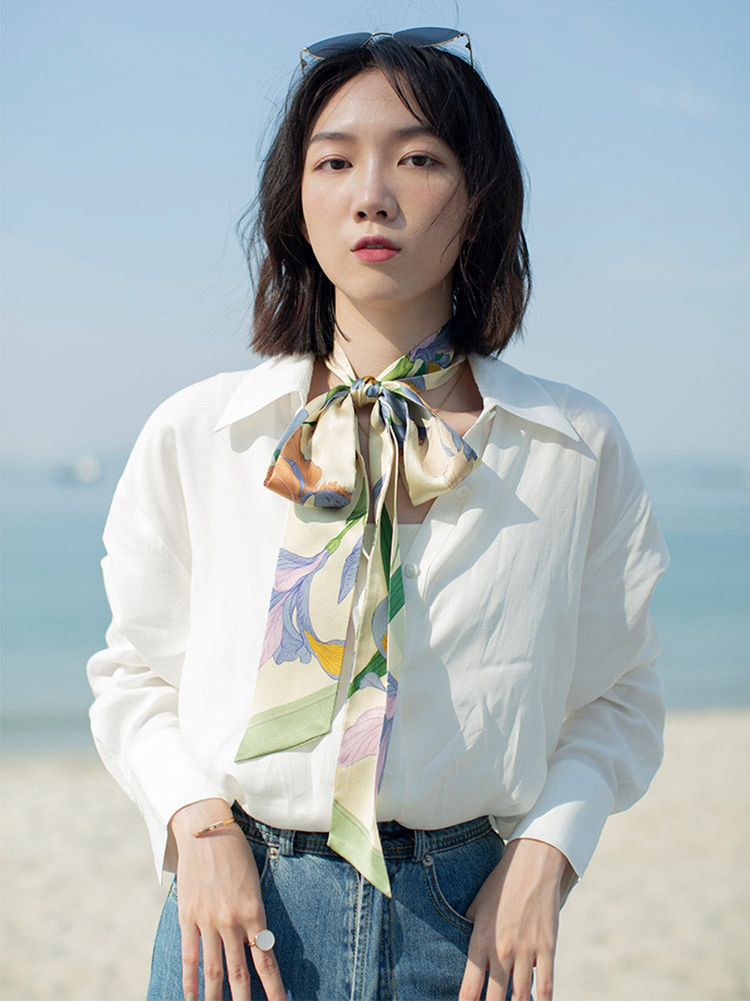 Chowxiaodou 原創彩虹女神4色鳶尾真絲長條絲巾