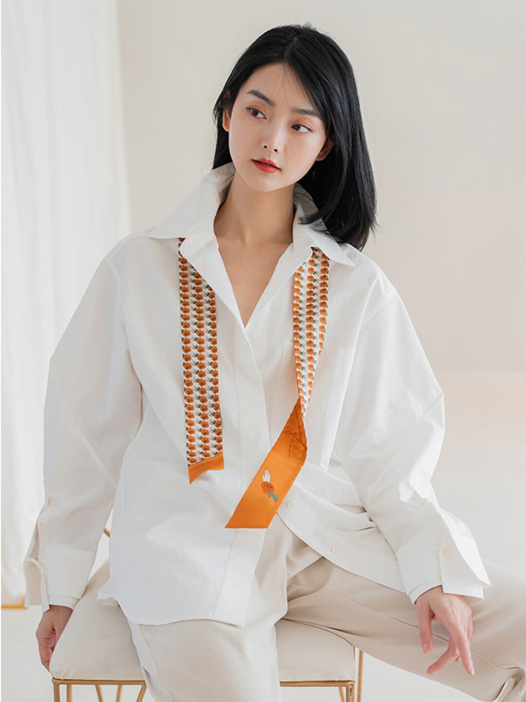 Chowxiaodou 原創4色玫瑰印花真絲迷你長條絲巾