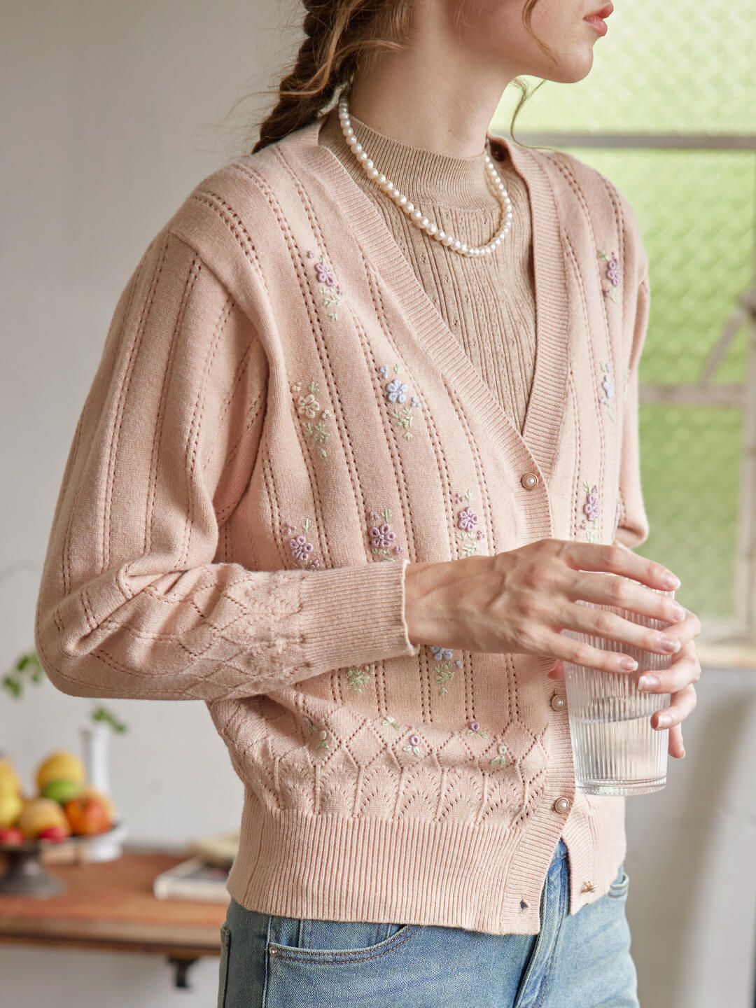 Ally 粉色鉤花刺繡針織外套/SIMPLERETRO