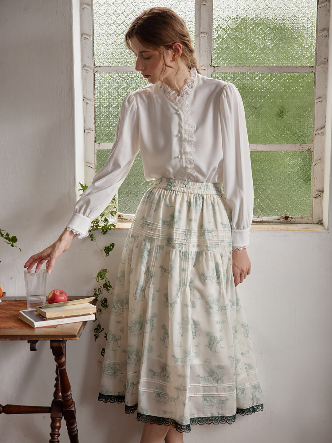 Anne 白色復古印花半身裙