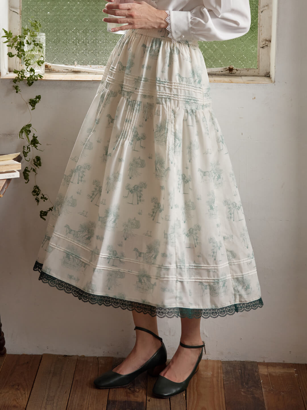 Anne 白色復古印花半身裙