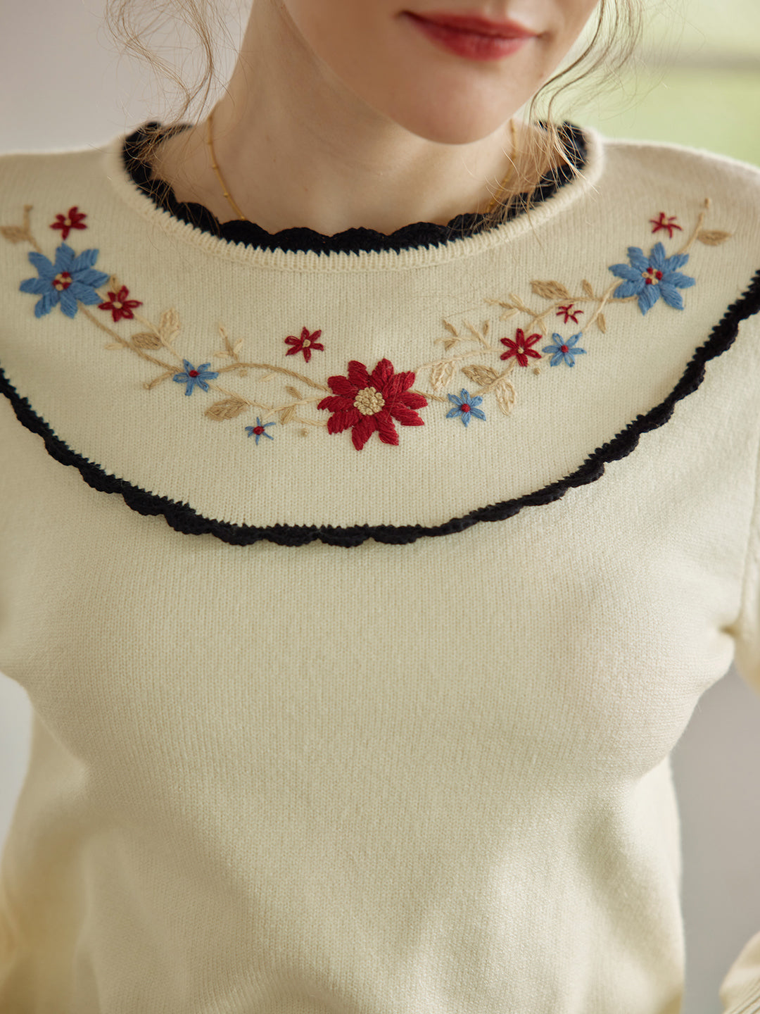 Grace 奶杏色刺繡園領毛衣/SIMPLERETRO