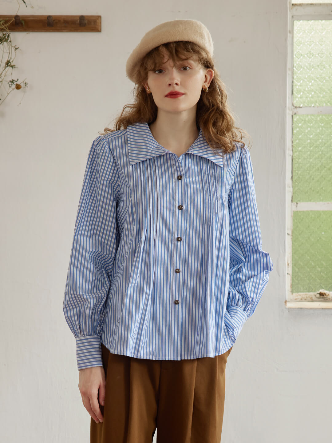 Arya 藍白條紋泡泡袖襯衫/simpleretro