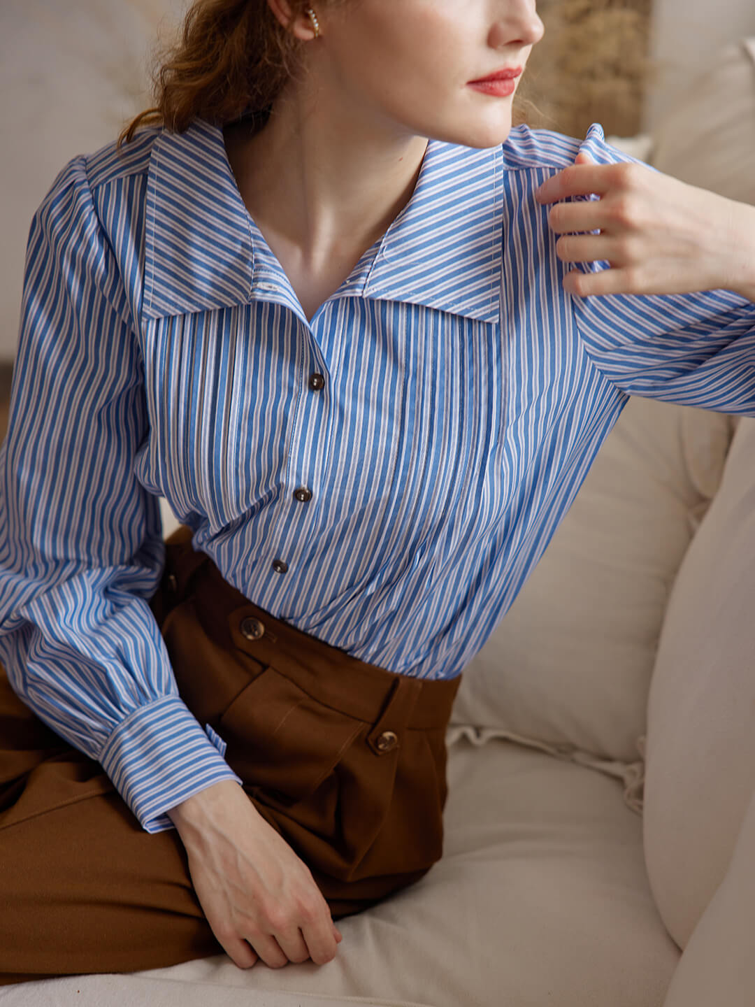 Arya 藍白條紋泡泡袖襯衫/simpleretro